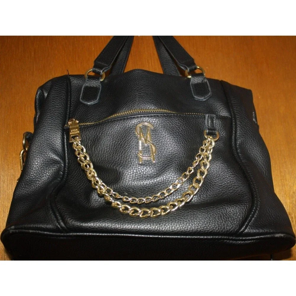 Steve Madden Shoulder Hand Bag Black Chains Large 12 X 9 1/2 Zip Pockets